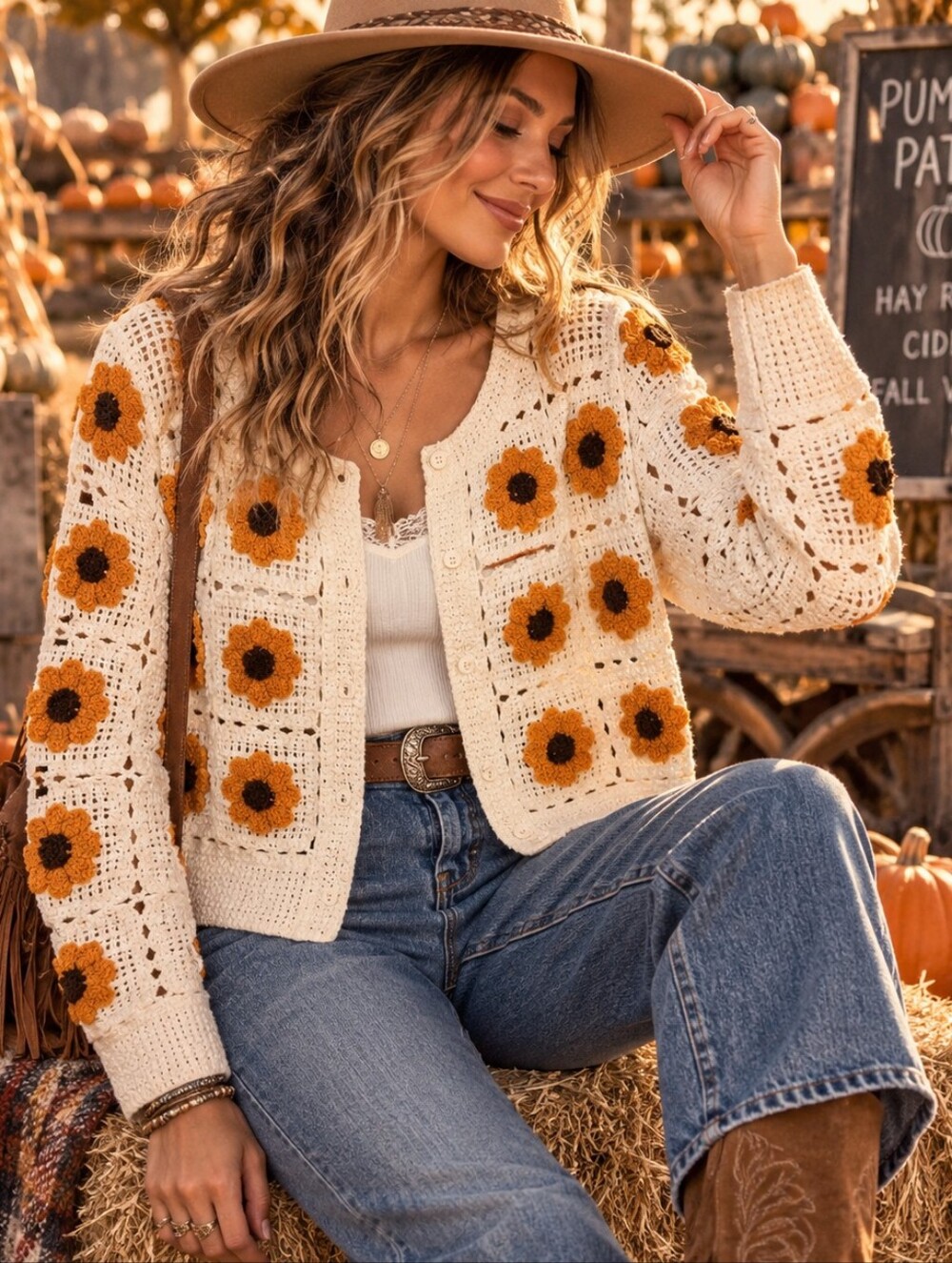 Everleigh Anthropologie Crochet Floral Cardigan Sweater Granny Square Women Sz L